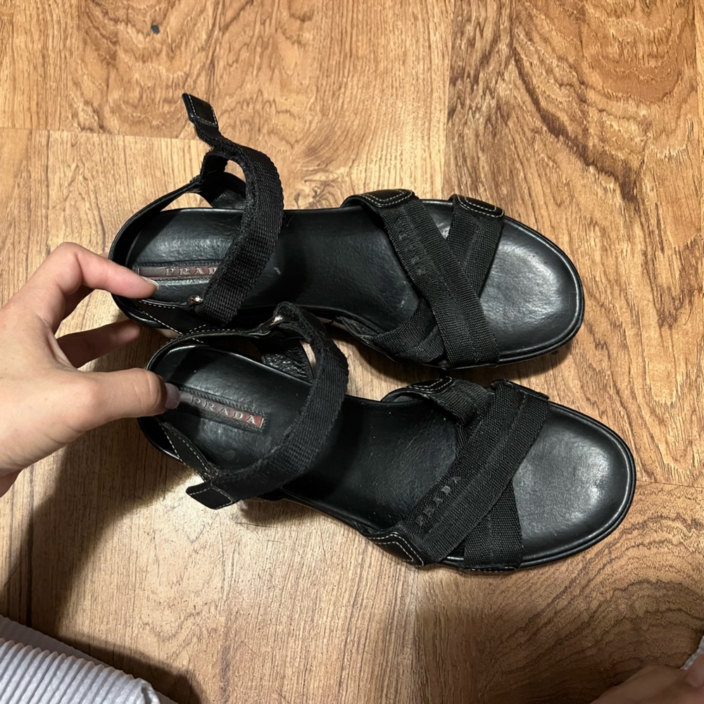 Prada leather and mesh heel sandal.color-black size eu 37 1/2